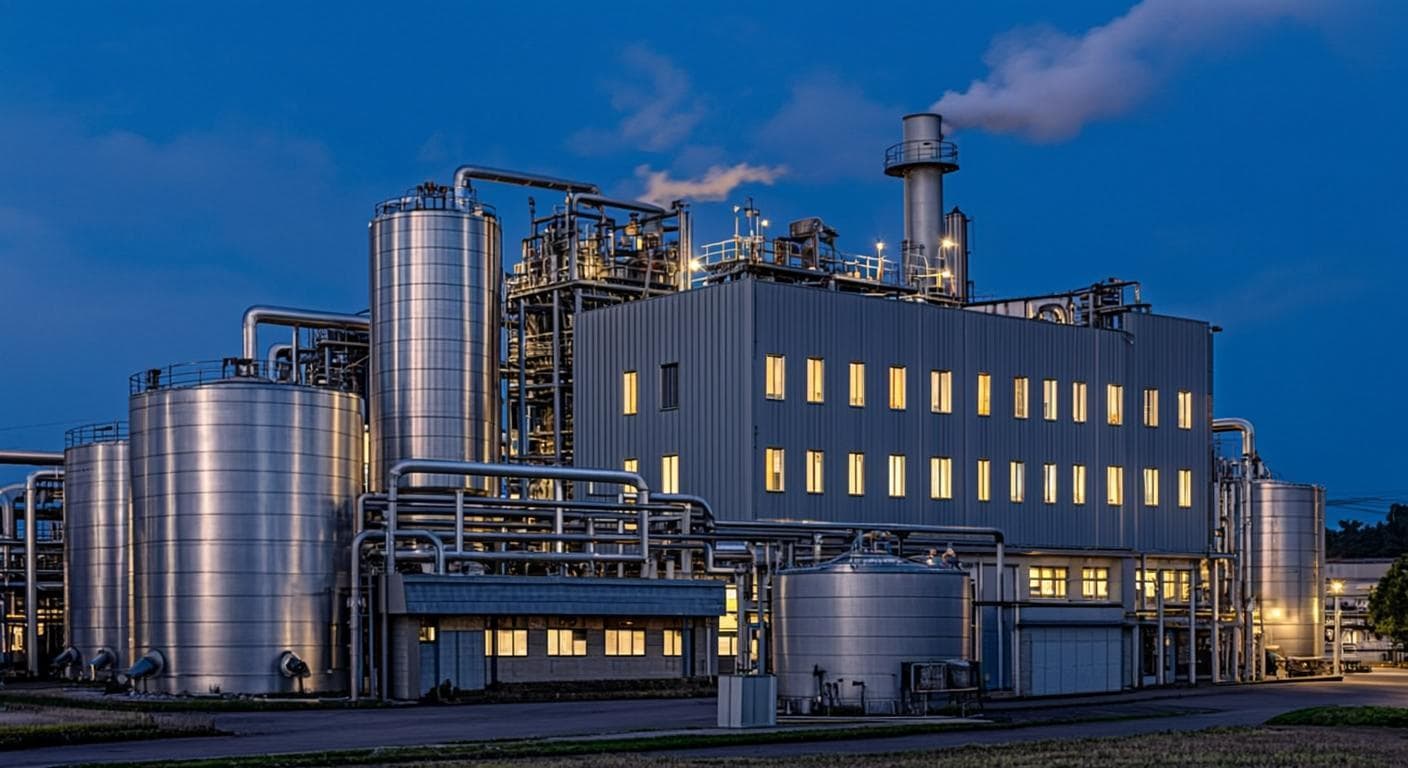 Biomass gasification energy plant at dusk with steel silos and process buildings