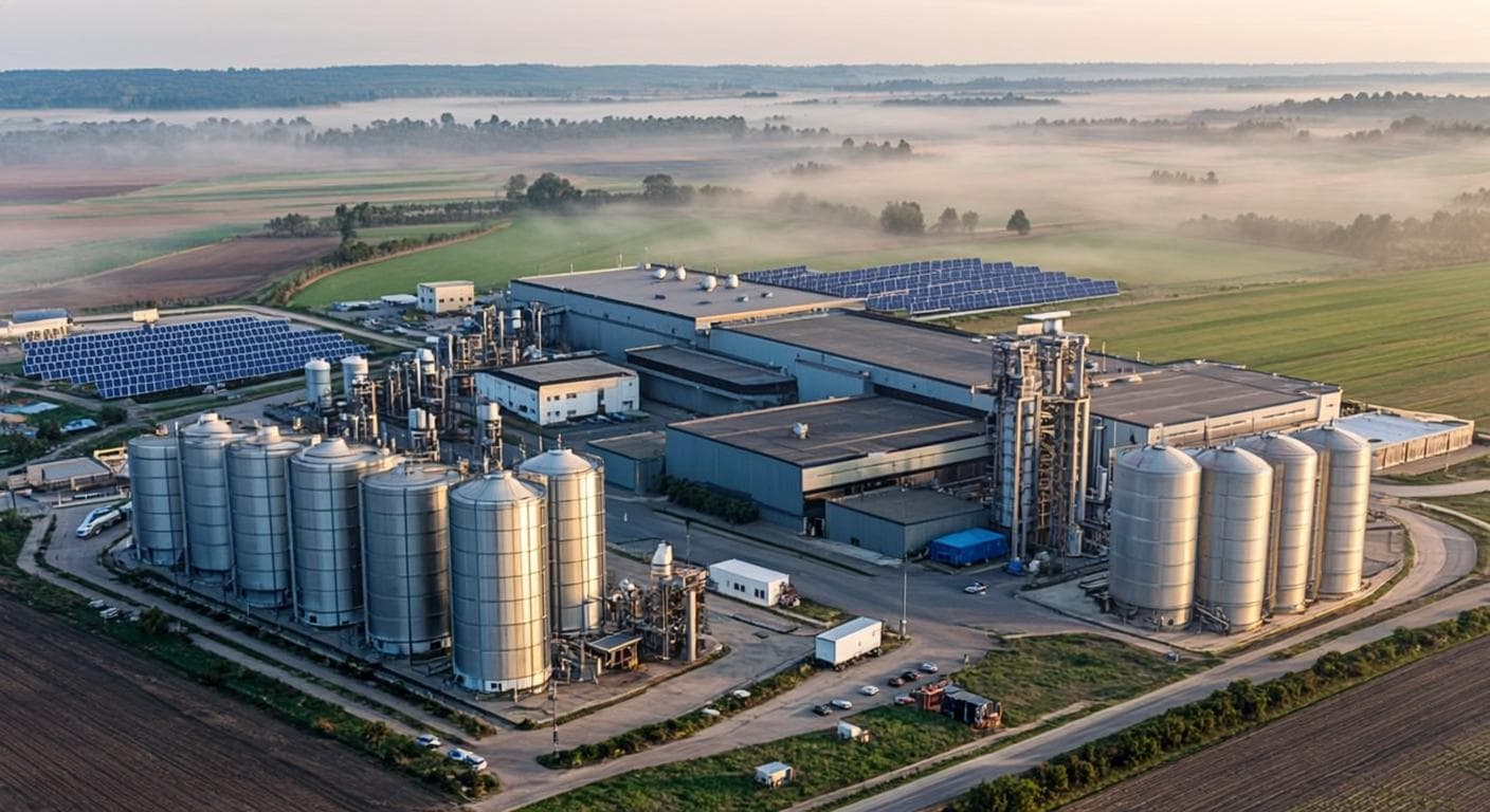 Aerial view of a circular economy industrial energy park integrated into agricultural landscape